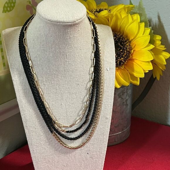 NWOT Elegant Gold &  Black Layered 3 Strand Necklace #j3 - Picture 1 of 7